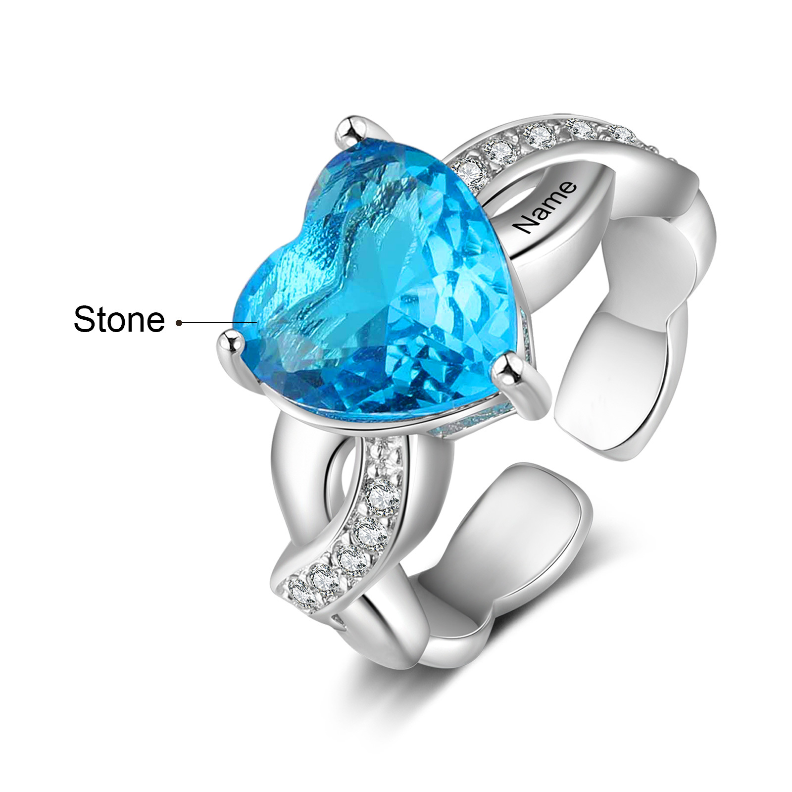 Personalised Heart Birthstone Ring Customised Name Open Ring Gift for Women Girls-Jessemade AU