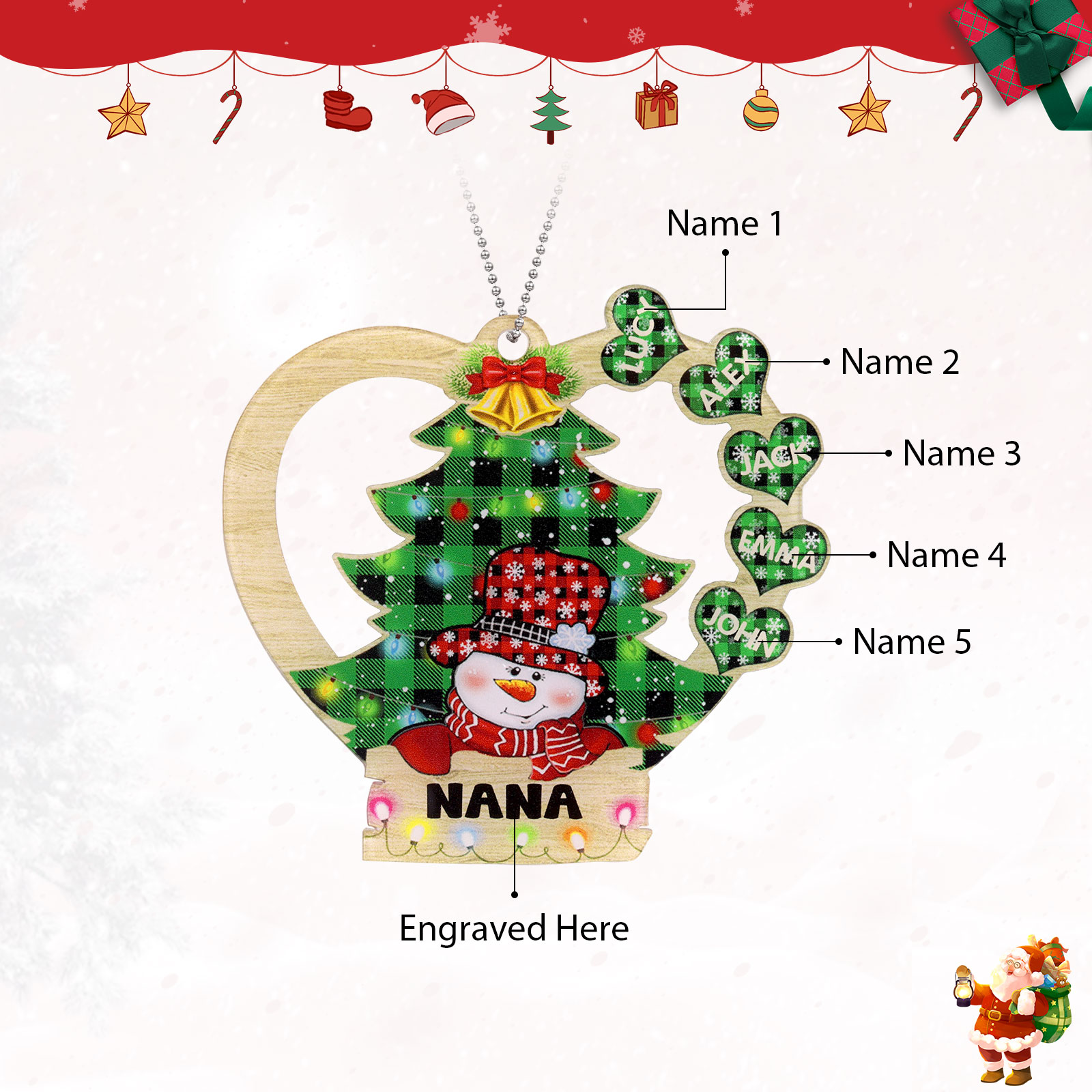 5 Names - Personalised Heart Christmas Tree Ornament Customised Name & Text Acrylic Snowman Hanging Ornaments Gift for Family-Jessemade AU
