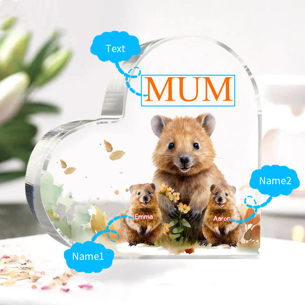 Personalised Acrylic Heart Keepsake Custom 1 Text & 2 Names Ornament Quokka Family Gift for Mother/Grandma-Jessemade AU
