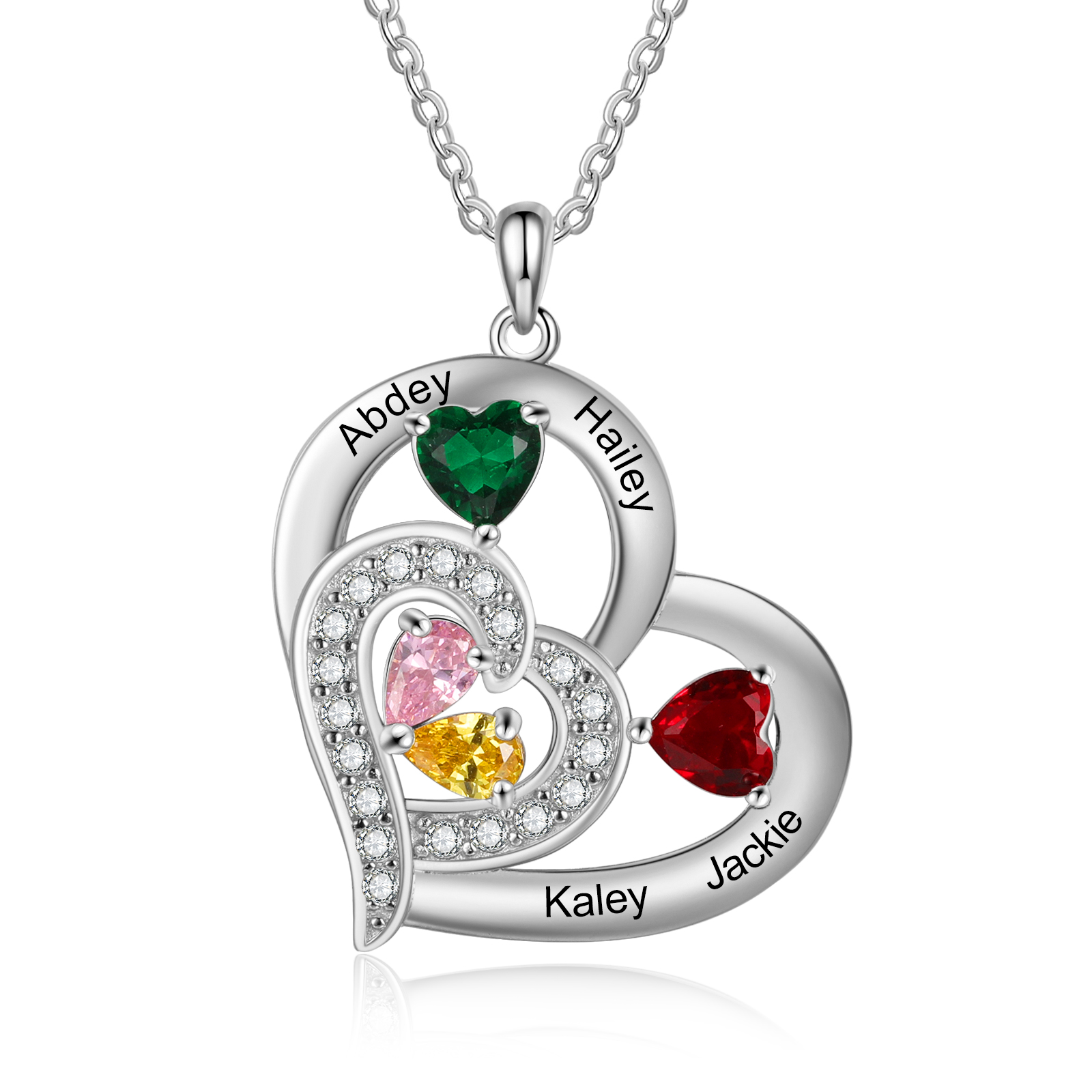 Personalised Heart Necklace With 4 Birthstones Engraved Names Gift For Her-Jessemade AU