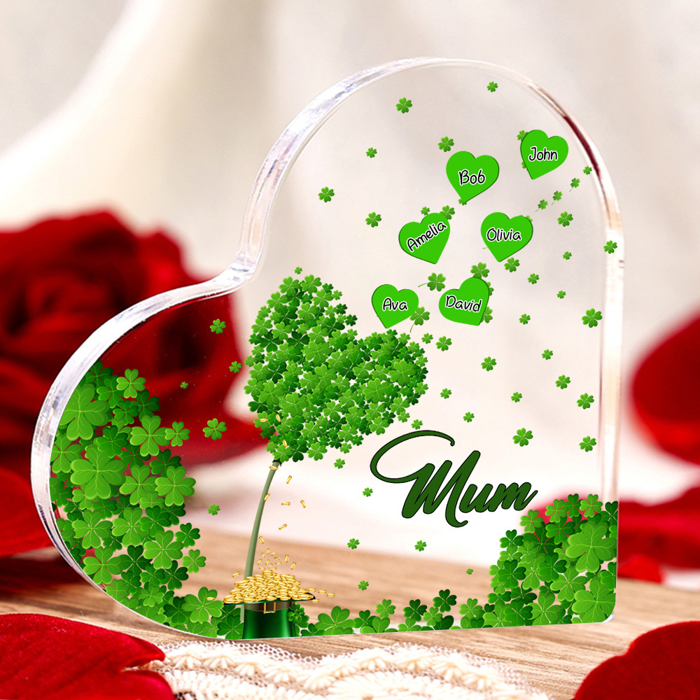 6 Names - Personalised Acrylic Heart Keepsake Custom Text Four-Leaf Clover Ornament Gift for Mother/Grandma-Jessemade AU