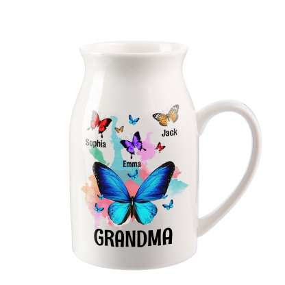 Personalised Ceramic Flower Vase Custom 2–8 Names & 1 Text Colourful Butterfly Vase Gift for Mother/Grandma-Jessemade AU
