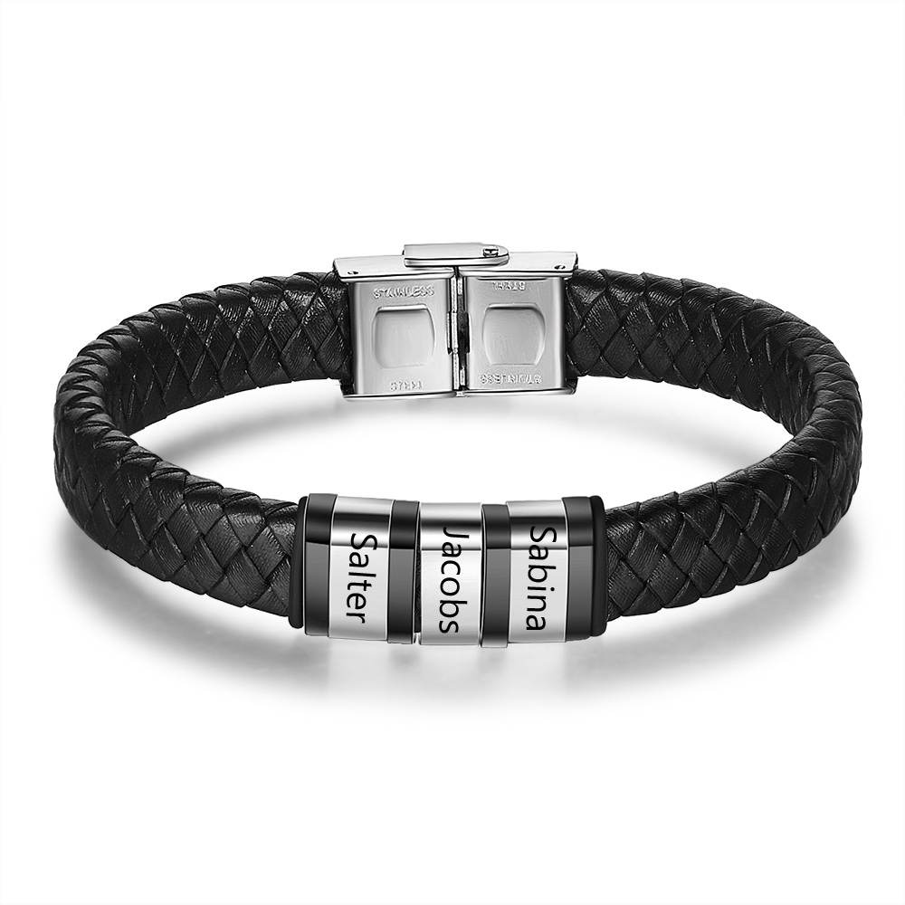 Men Leather Braided Bracelet Personalised with 3 Names Black-Jessemade AU
