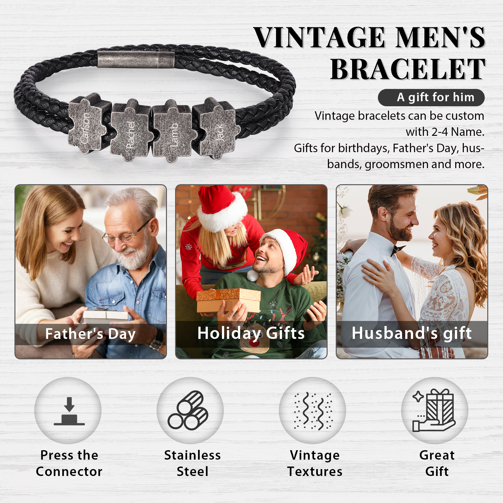 Vintage Men's Leather Bracelet Custom 4 Names Puzzles Bracelet Two Layers Bracelet Personalised Gift for Him-Jessemade AU