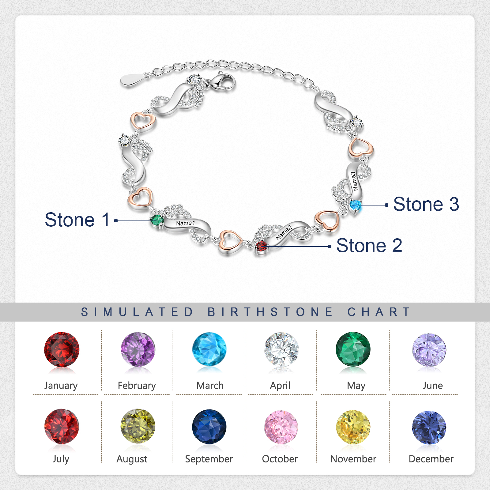 Personalised Baby Feet Bracelet Custom 3 Birthstones Heart Bracelet Gifts For Women-Jessemade AU