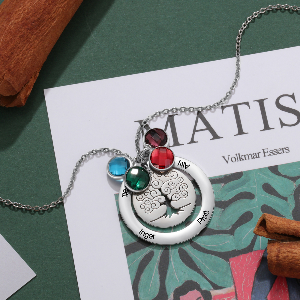 Personalised Family Tree Necklace with 2 Birthstones Engraved Names Gift For Women-Jessemade AU