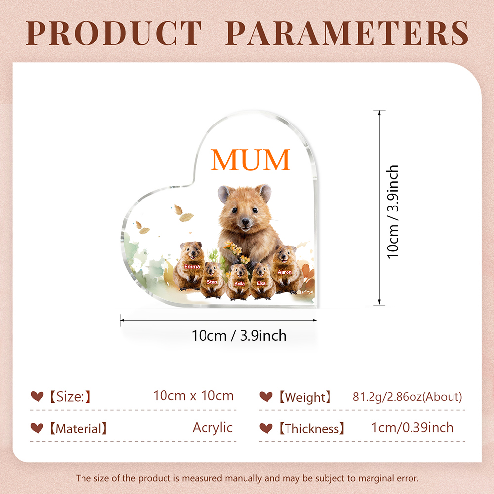 Personalised Acrylic Heart Keepsake Custom 1 Text & 5 Names Ornament Quokka Family Gift for Mother/Grandma-Jessemade AU