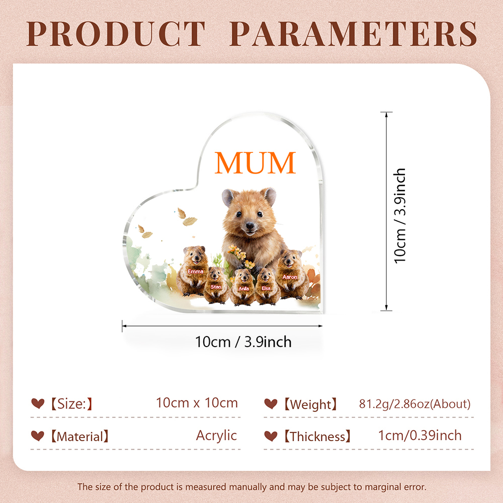 Personalised Acrylic Heart Keepsake Custom 1 Text & 5 Names Ornament Quokka Family Gift for Mother/Grandma-Jessemade AU