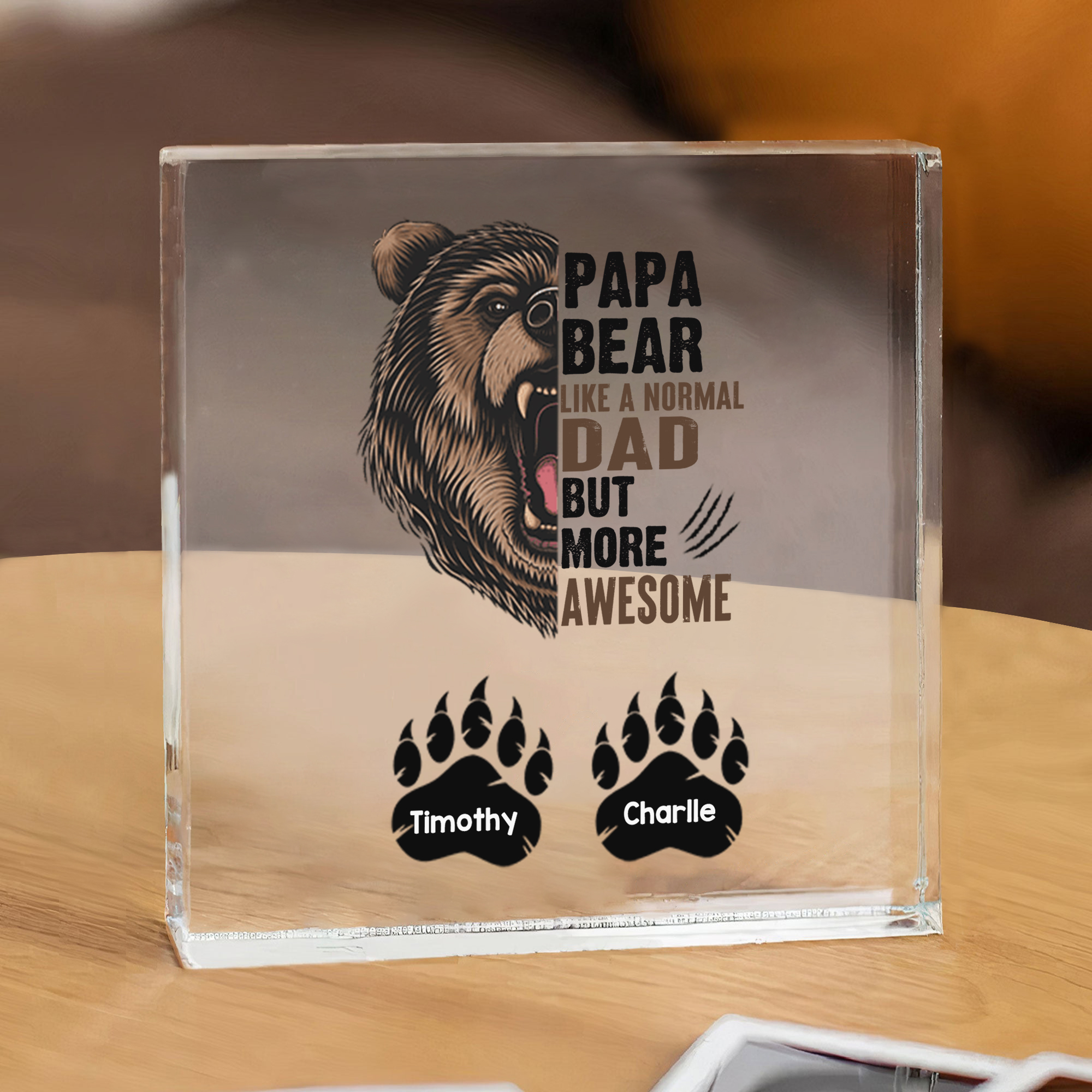 Personalised 2 Names Acrylic Square Keepsake Rectangle Plaque Father's Day Gifts - Papa Bear, Like Normal Dad But More Awesome-Jessemade AU