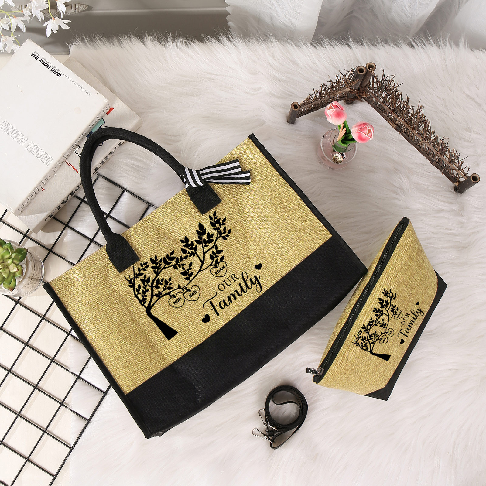 Personalised Family Tree Tote Bag Set Custom 3 Names & 1 Text Handbag Large Capacity Shoulder Bag Shopping Bag Zipper Bag Gift for Mother/Grandma-Jessemade AU