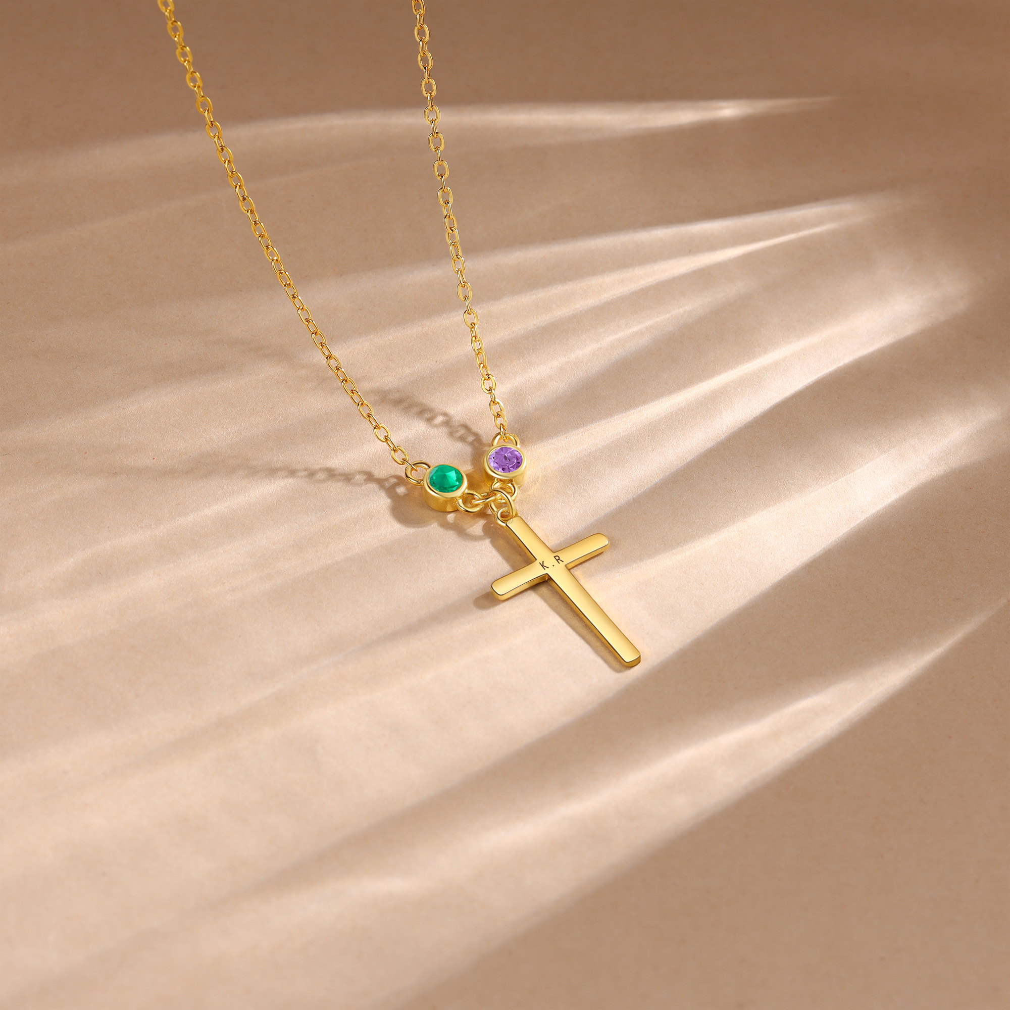 Personalised Cross Pendant Necklace Custom 2 Birthstones & 1 Text Necklace Birthday Gift for Her-Jessemade AU