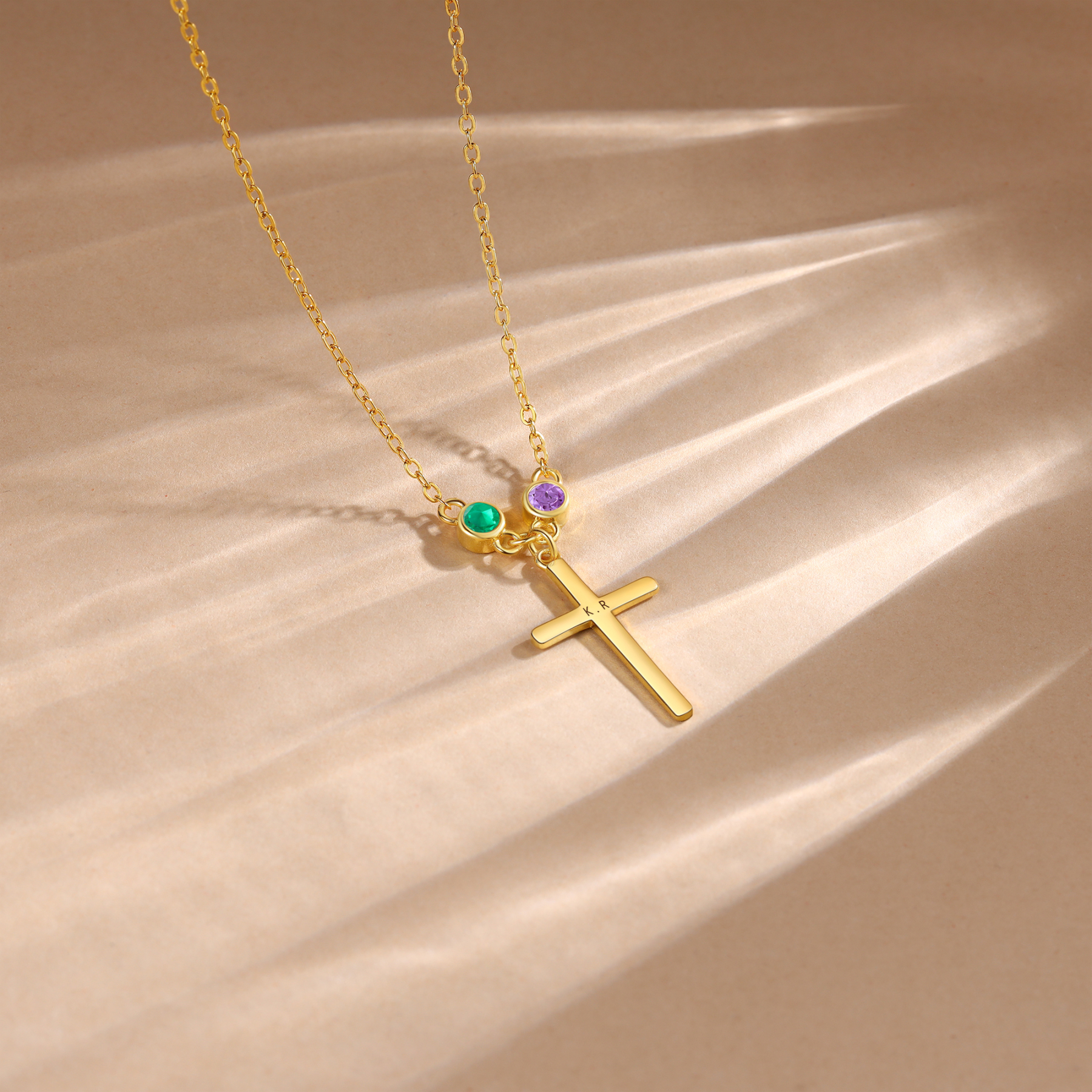 Personalised Cross Pendant Necklace Custom 2 Birthstones & 1 Text Necklace Birthday Gift for Her-Jessemade AU