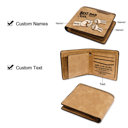 Best Dad Ever - Custom 3 Names & 1 Text Billfold Wallet Personalised Fist Bump Men's Leather Wallet