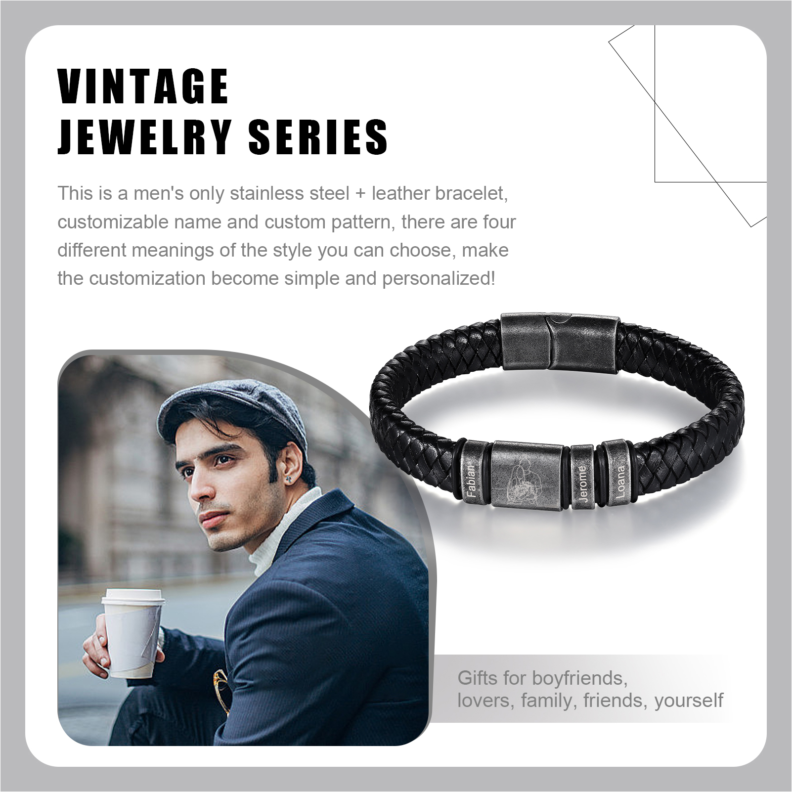 3 Names - Personalised Men's Leather Braided Bracelet Custom Name & Photo Bracelet Vintage Gift for Him-Jessemade AU