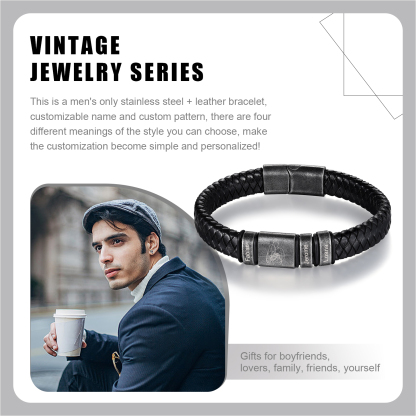 3 Names - Personalised Men's Leather Braided Bracelet Custom Name & Photo Bracelet Vintage Gift for Him-Jessemade AU