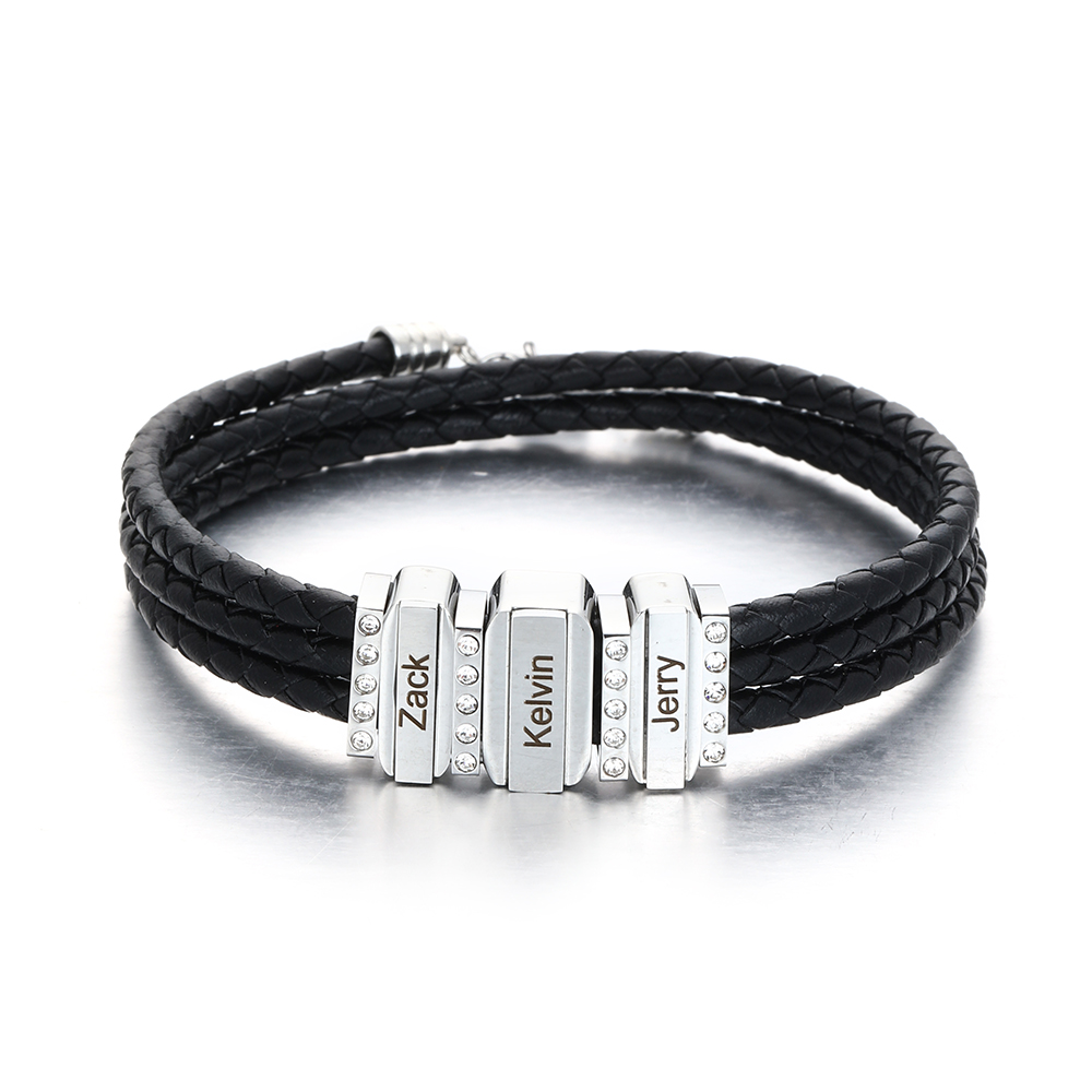 Mens Leather Bracelet with Customised Beads Personalised Three Layer Bracelet Engraved 3 Names-Jessemade AU