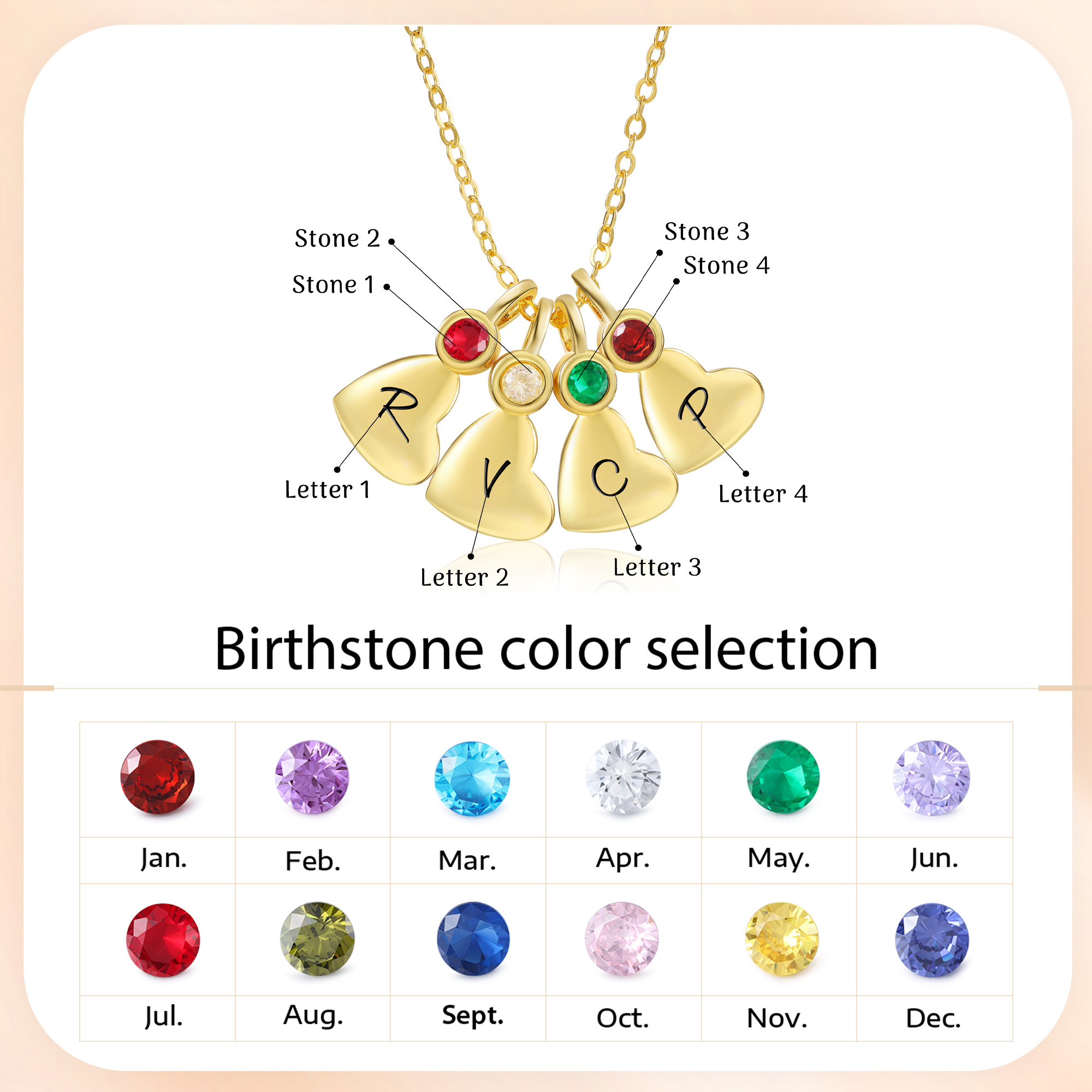 Personalised Heart Pendant Necklace Custom 4 Letters & 4 Birthstones Necklace Gifts for Her-Jessemade AU