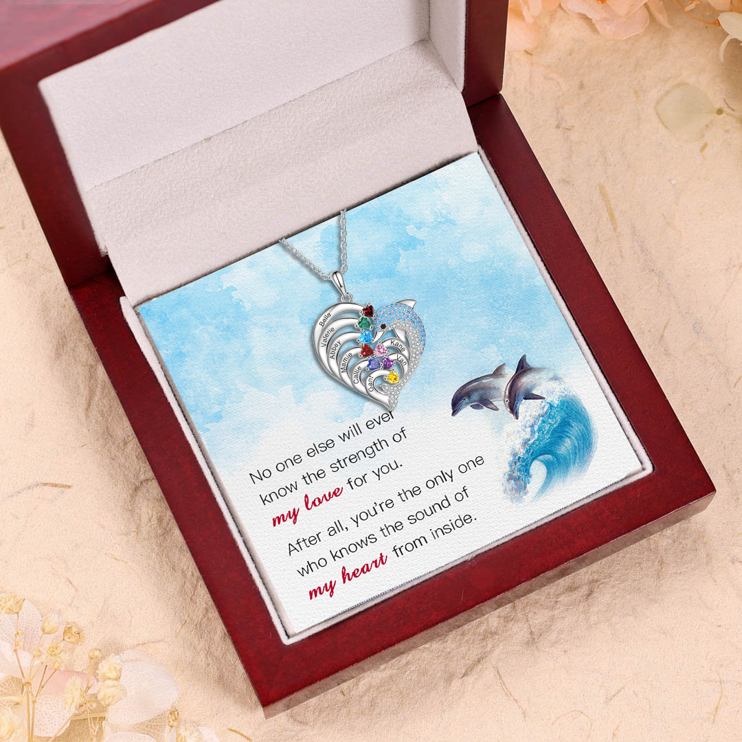 Personalised Heart Dolphin Necklace With 8 Birthstones Engraved Names Necklace Gift For Her-Jessemade AU