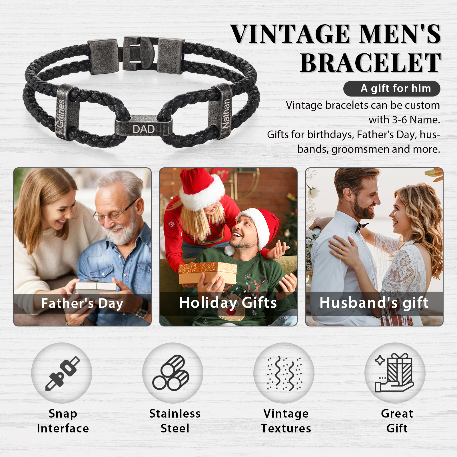 3 Names - Vintage Men's Leather Bracelet Custom Name Bracelet Two Layers Bracelet Personalised Gift for Him-Jessemade AU