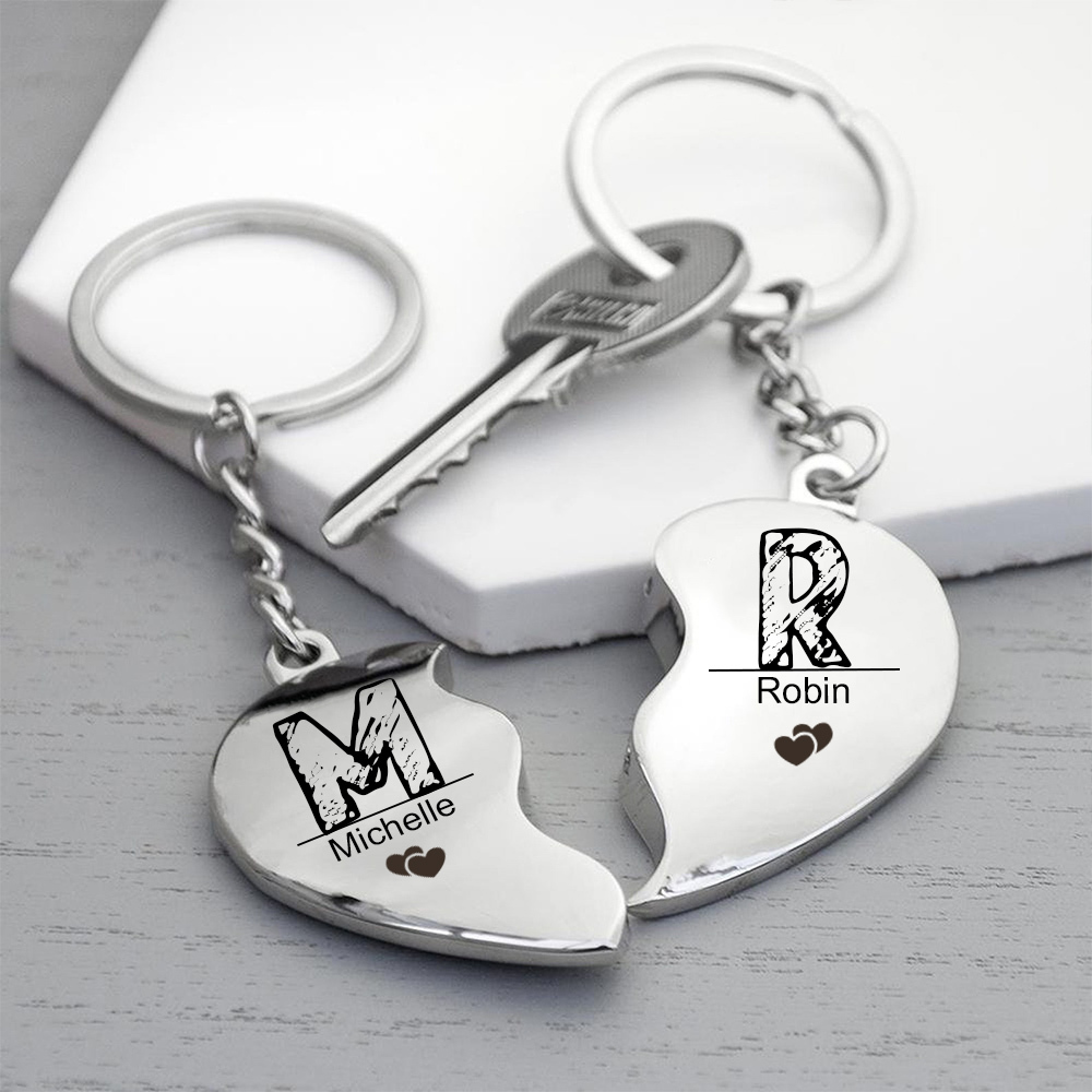 Personalised Heart Keychain Set Custom 2 Names & Letters Couple Matching Keyring Valentine's Day Gifts For Couples-Jessemade AU