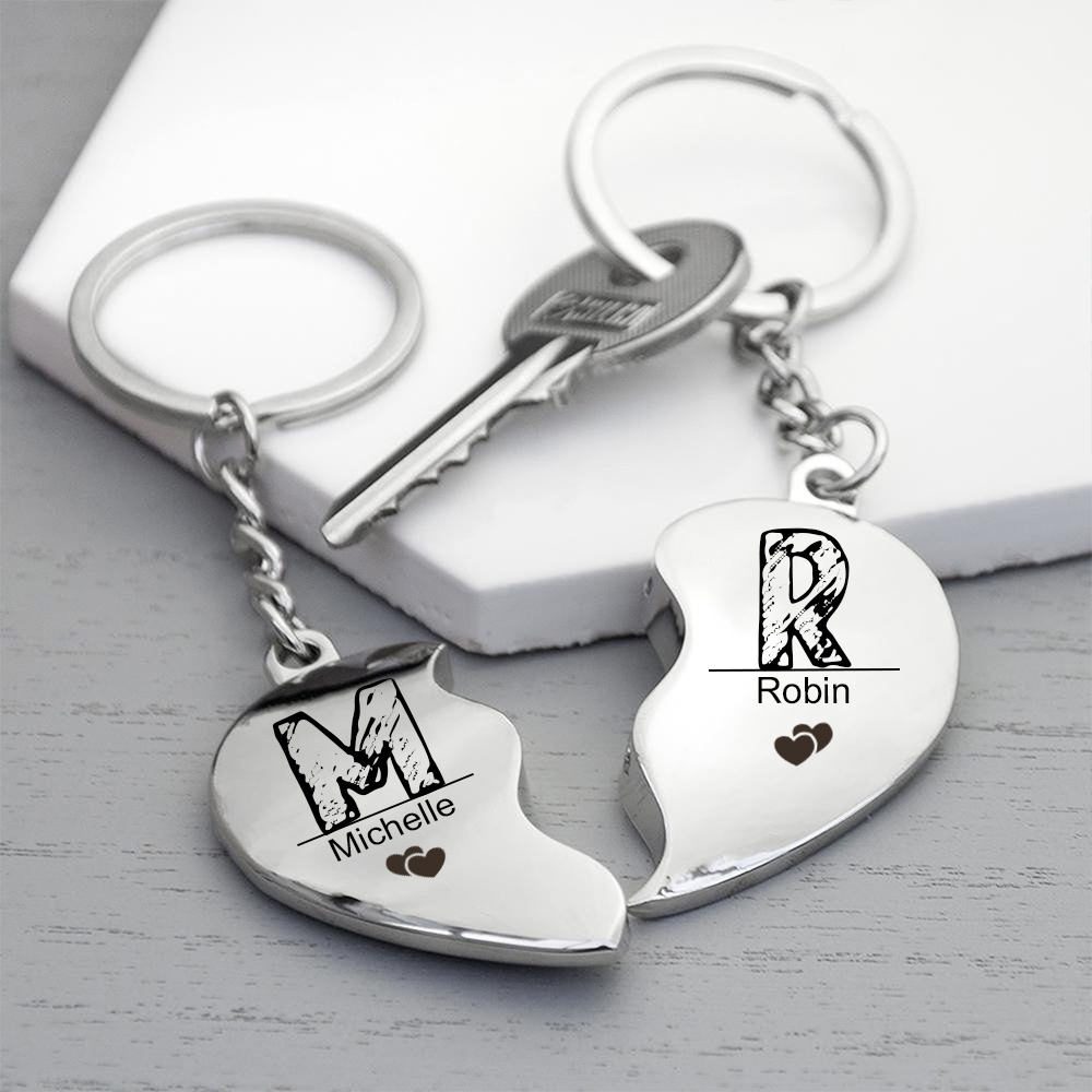 Personalised Heart Keychain Set Custom 2 Names & 2 Letters Couple Matching Keyring Valentine's Day Gifts For Couples-Jessemade AU
