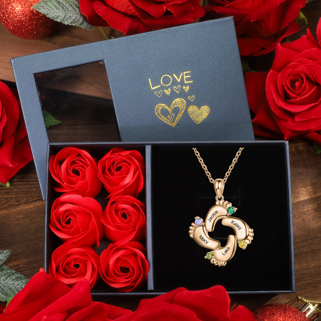 Baby Feet Necklace Custom 4 Birthstones Family Gifts Set for Mum