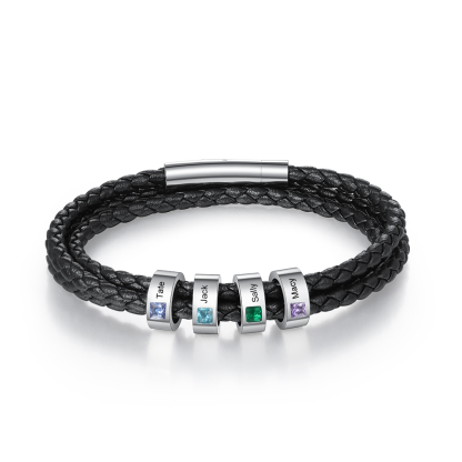Personalised 3 Layer Leather Bracelet with 4 Beads Engraved Names Men's Bracelets for Him-Jessemade AU