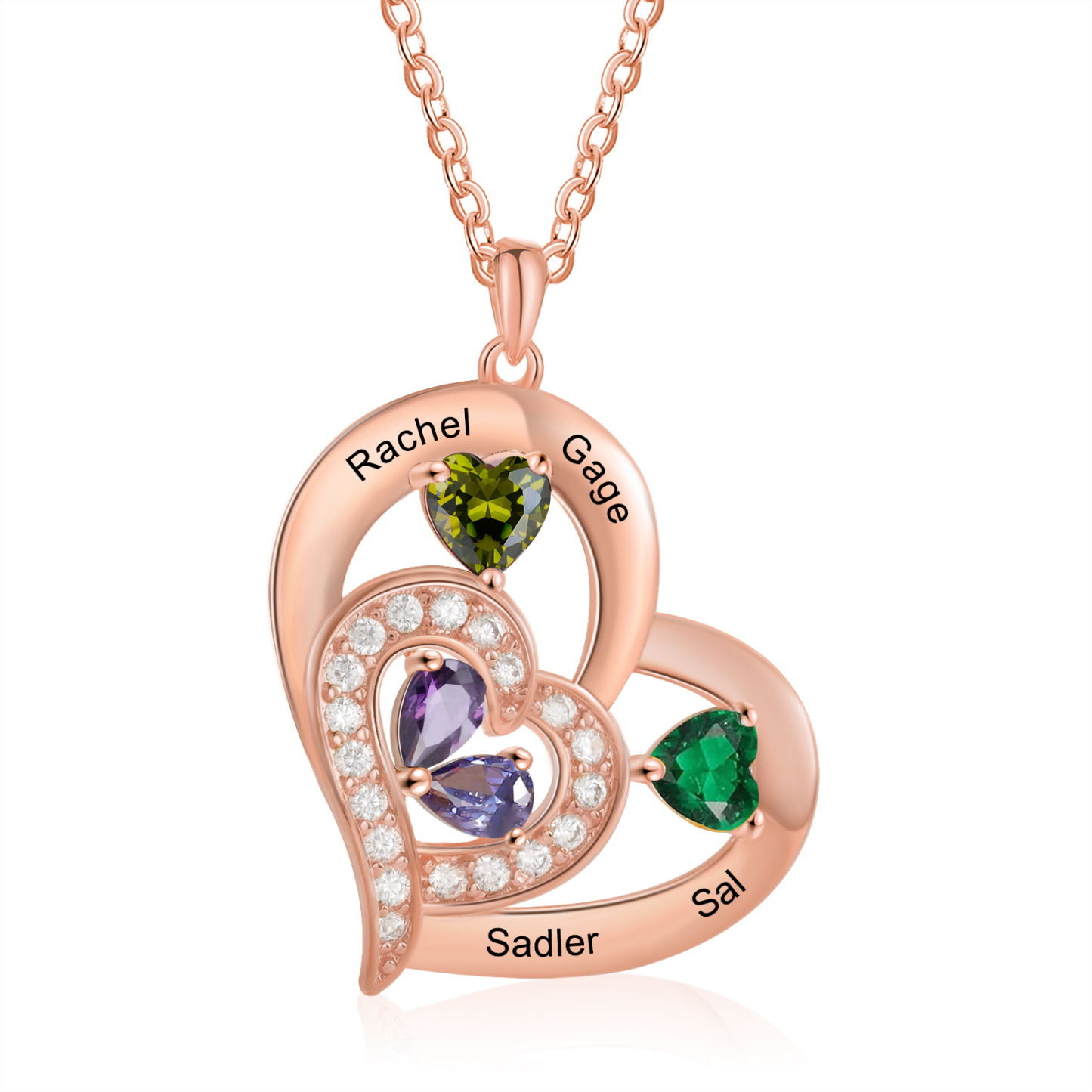 4 Names - Personalised Heart Pendant Necklace Customised Names & Birthstones Necklace Birthday Gift for Her-Jessemade AU