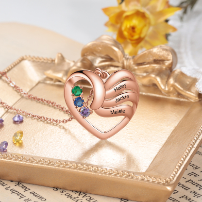 Customised Heart Necklace With 3 Birthstones Engraved Names Family Necklace Gifts for Her-Jessemade AU