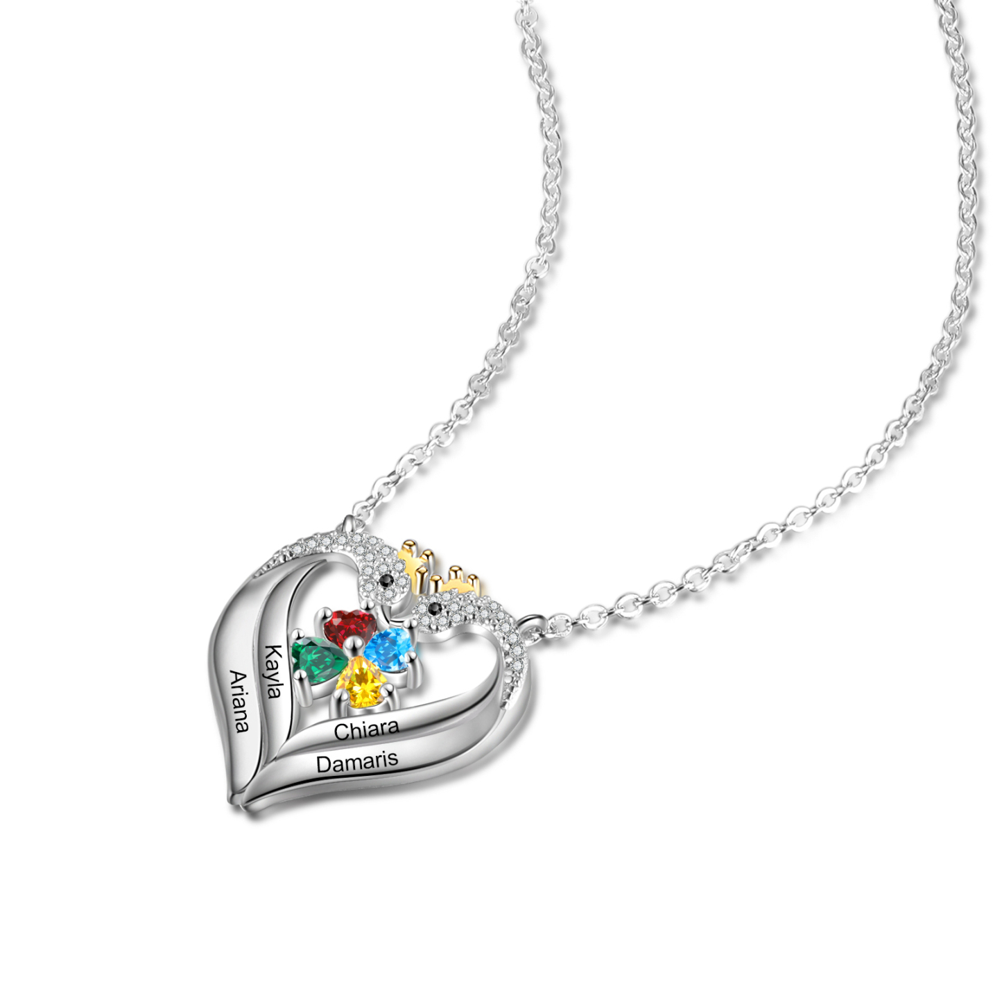 Personalised Heart Swan Necklace With 4 Birthstones Engraved Names Necklace Gifts For Her-Jessemade AU