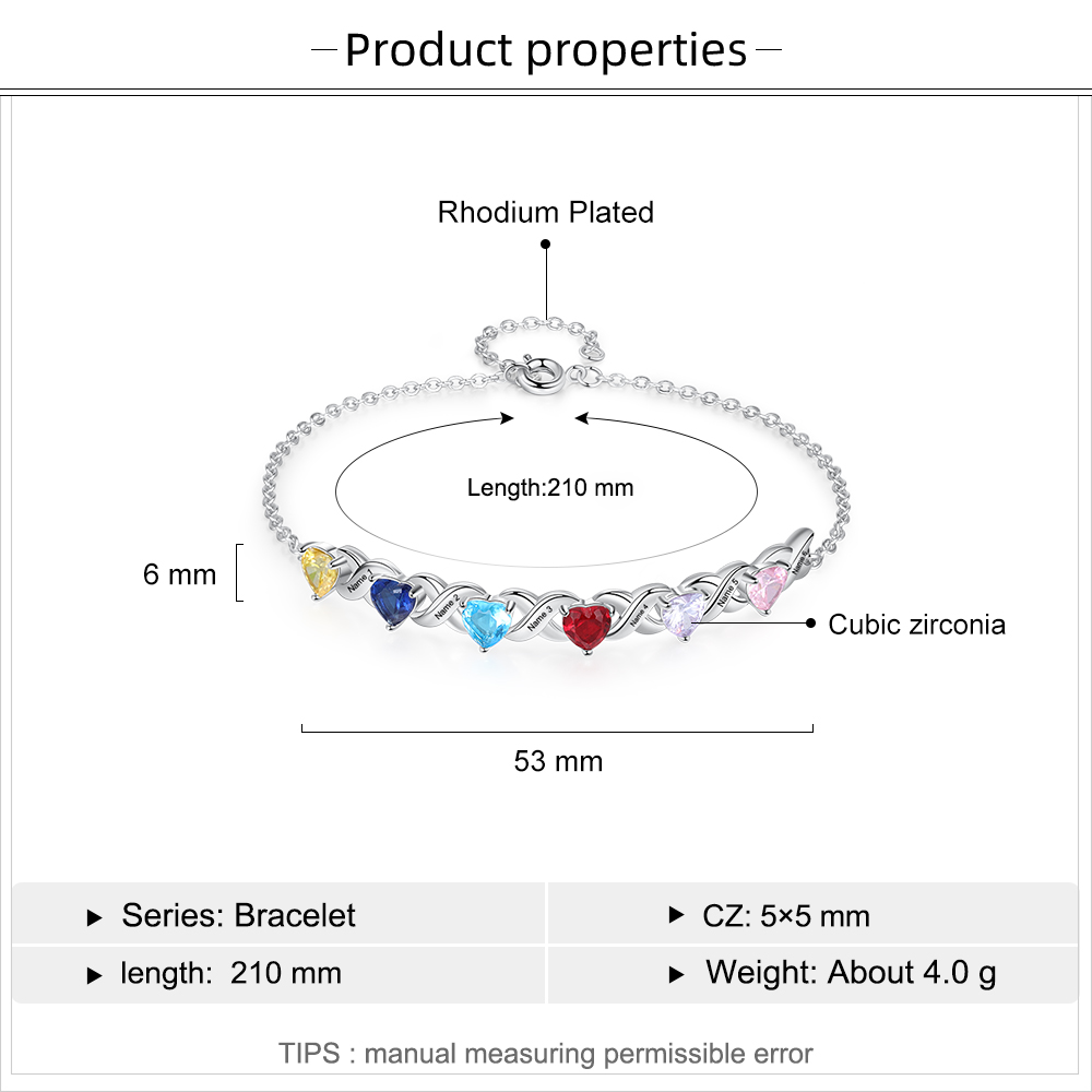 Personalised Bracelet With 6 Heart Birthstones Engraved Names Bracelet Gift For Women-Jessemade AU