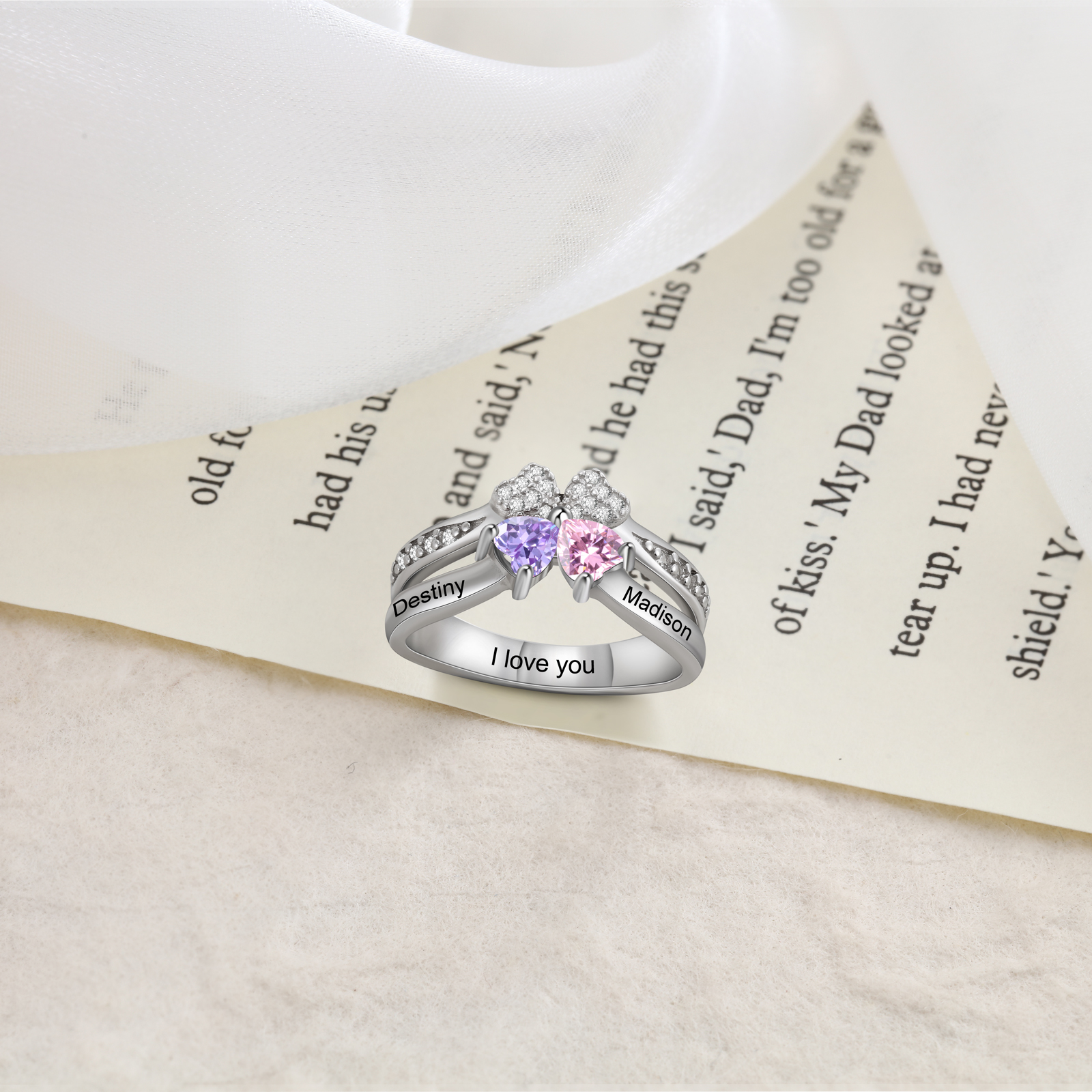 Personalised Ring With 2 Birthstones Engraved Names Ring Best Gift For Women-Jessemade AU