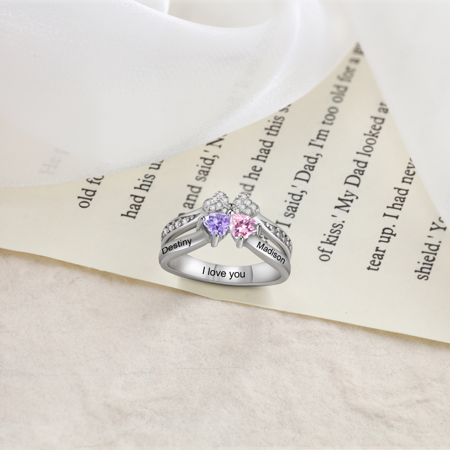 Personalised Ring With 2 Birthstones Engraved Names Ring Best Gift For Women-Jessemade AU