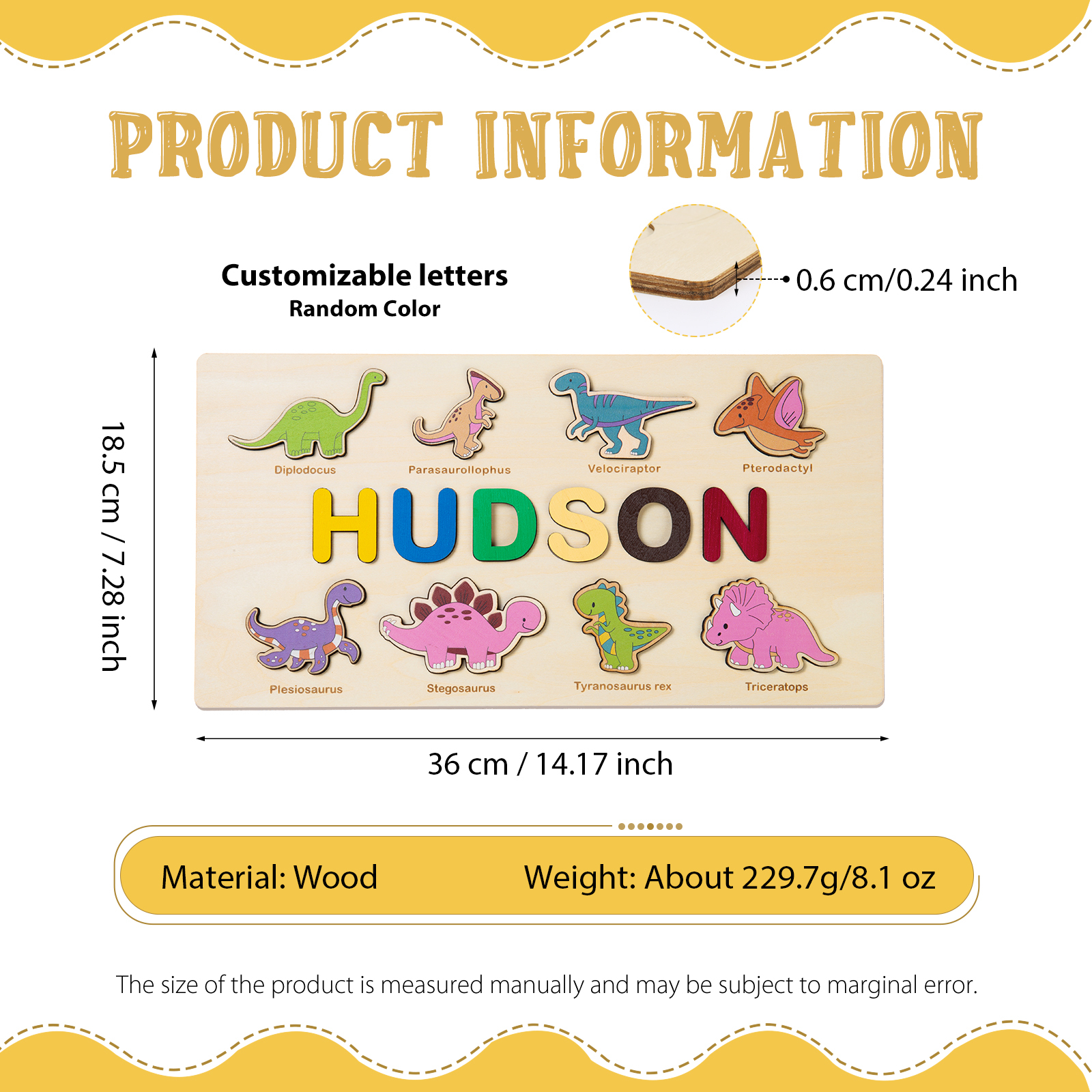 Personalised Wooden Dinosaur Name Puzzle Educational Gifts for Toddlers-Jessemade AU