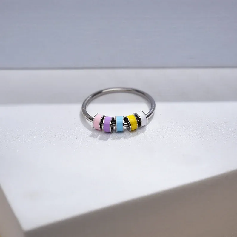 For Daughter-S925 Colourful Beads Fidget Ring Anxiety Spinning Ring" Your anxiety is lying to you"-Jessemade AU
