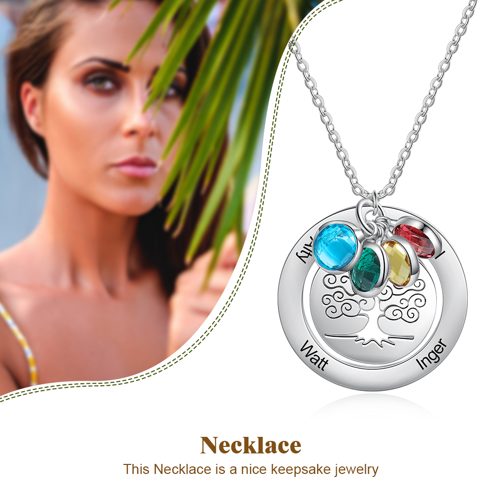 Personalised Family Tree Necklace with 4 Birthstones Engraved Names Gift For Women-Jessemade AU