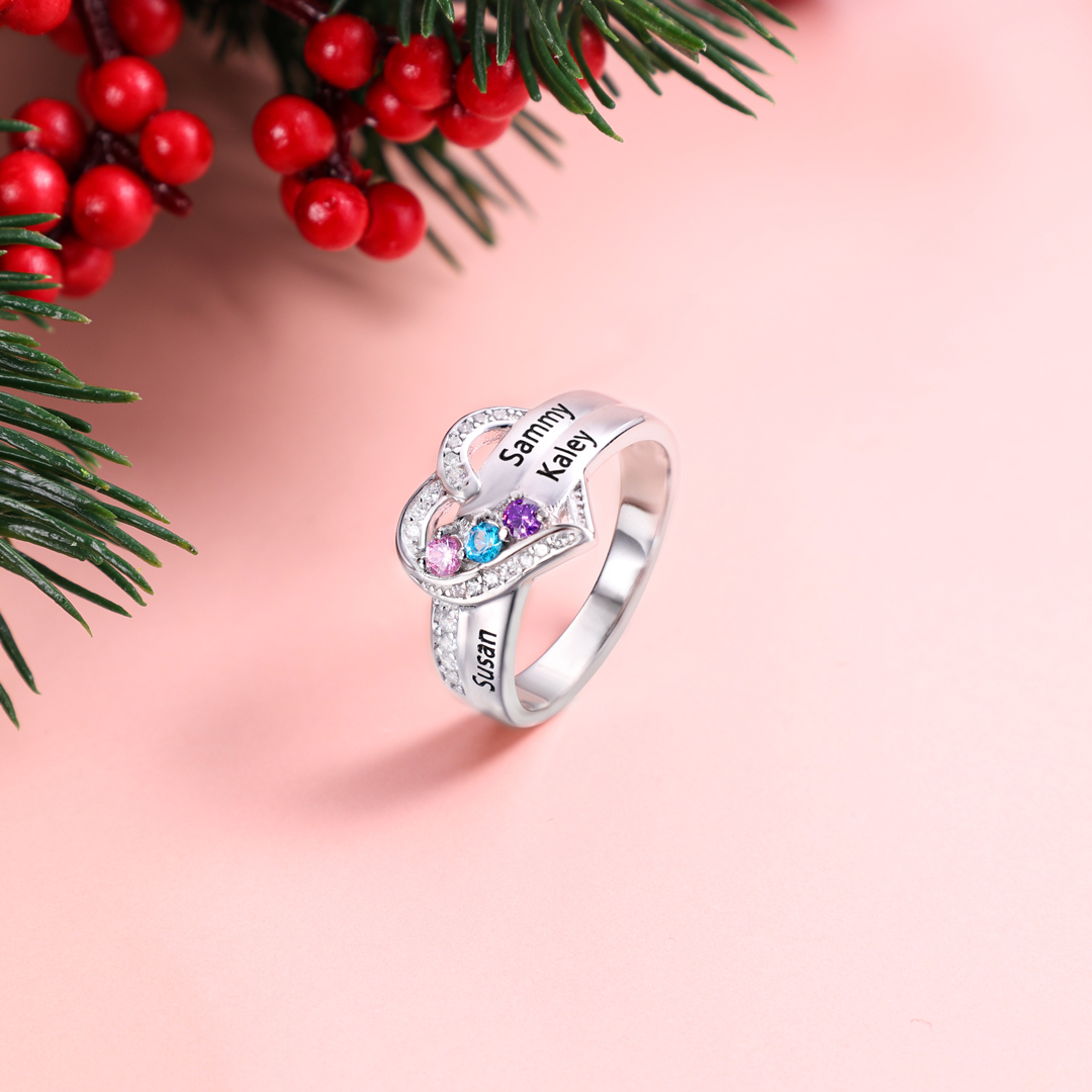 S925 Silver Personalised Mother Ring with 3 Birthstones Heart Family Ring-Jessemade AU