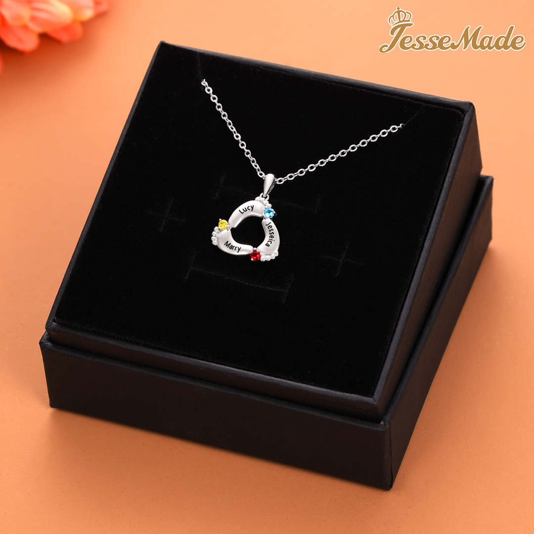 Personalised Baby Feet Necklace With 2 Birthstones Engraved Names Gift For Mother-Jessemade AU