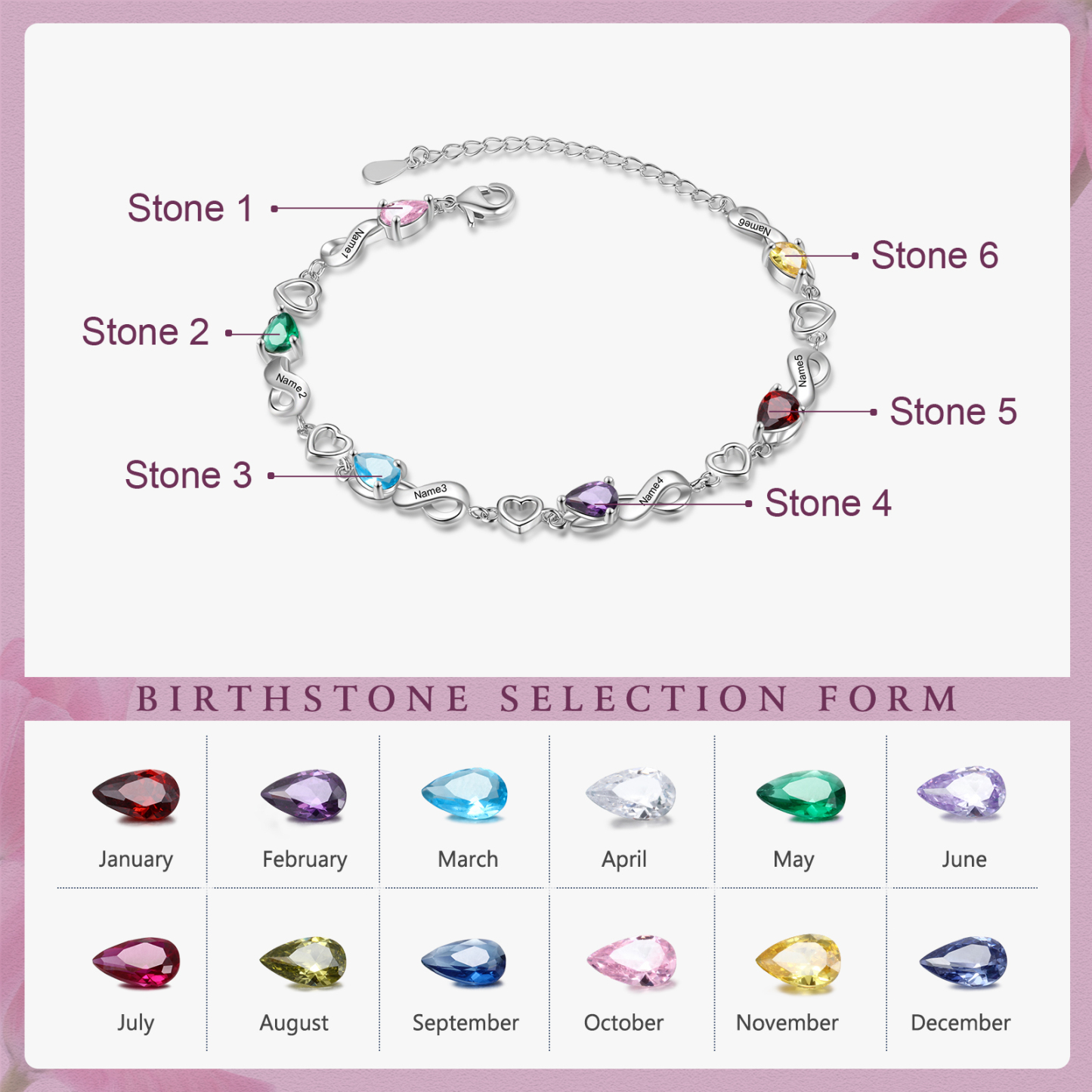 Personalised 6 Birthstones Heart Bracelet Engraved Names Bracelet Gifts For Women-Jessemade AU