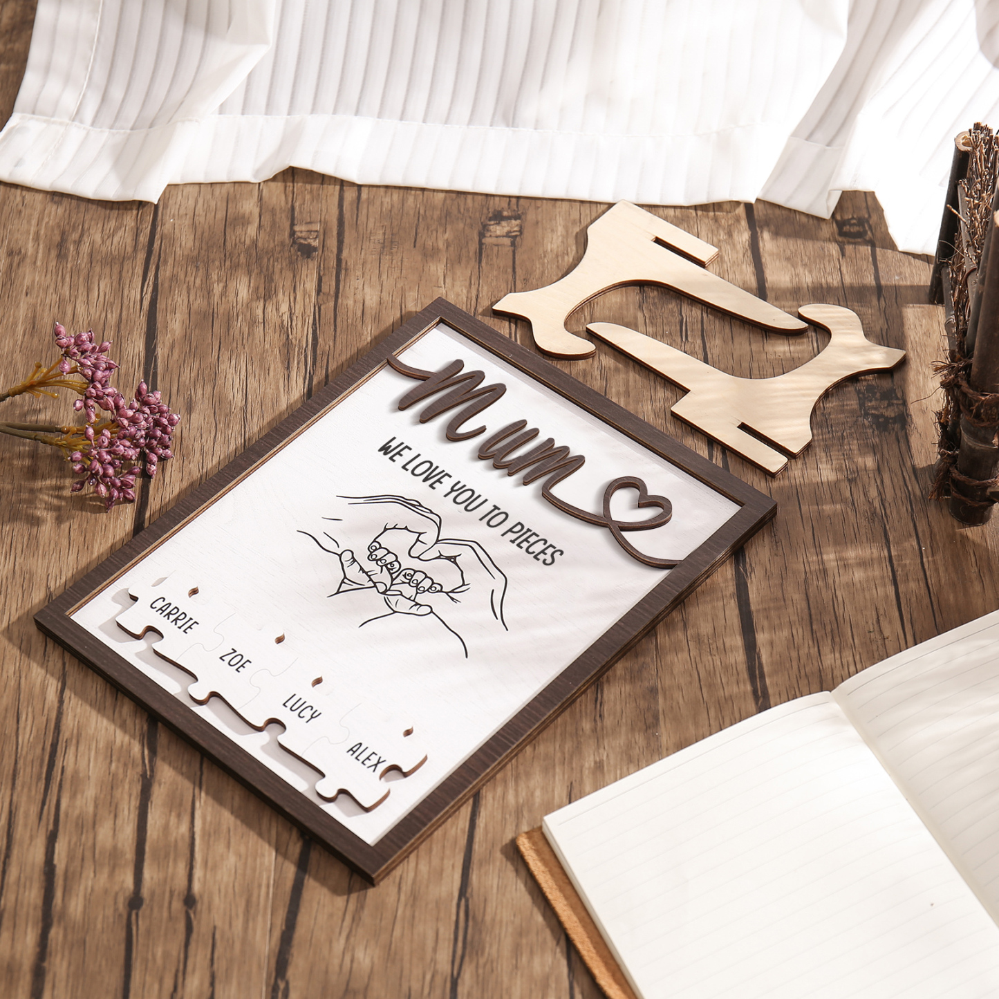 Personalised Puzzle Pieces Wooden Plaque Custom 4 Names & Text & Salutation Holding Hands Family Wooden Sign With Stand Gifts for Mum-Jessemade AU