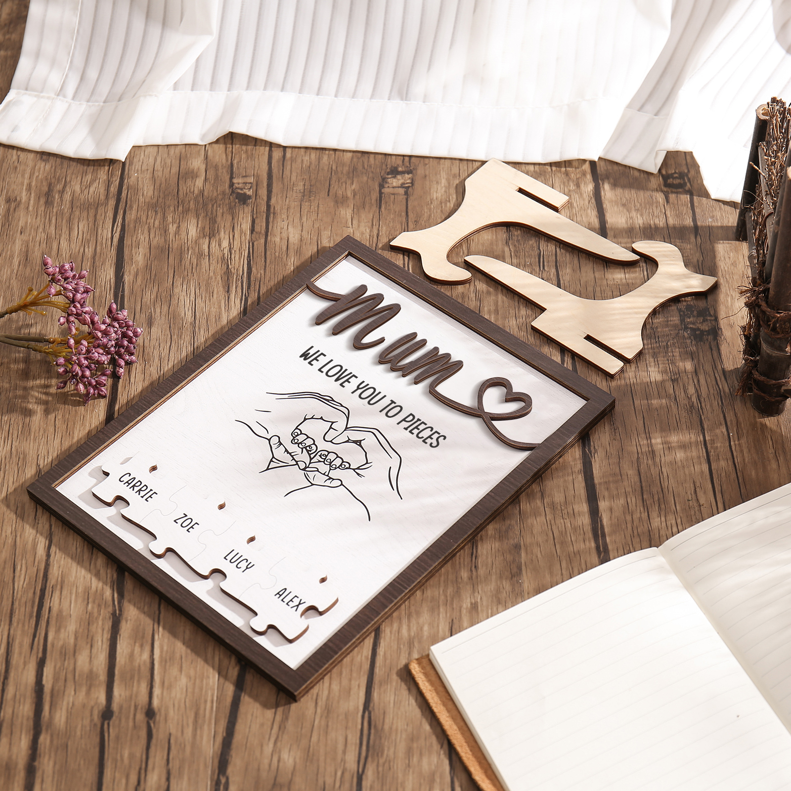 Personalised Puzzle Pieces Wooden Plaque Custom 4 Names & Text & Salutation Holding Hands Family Wooden Sign With Stand Gifts for Mum-Jessemade AU