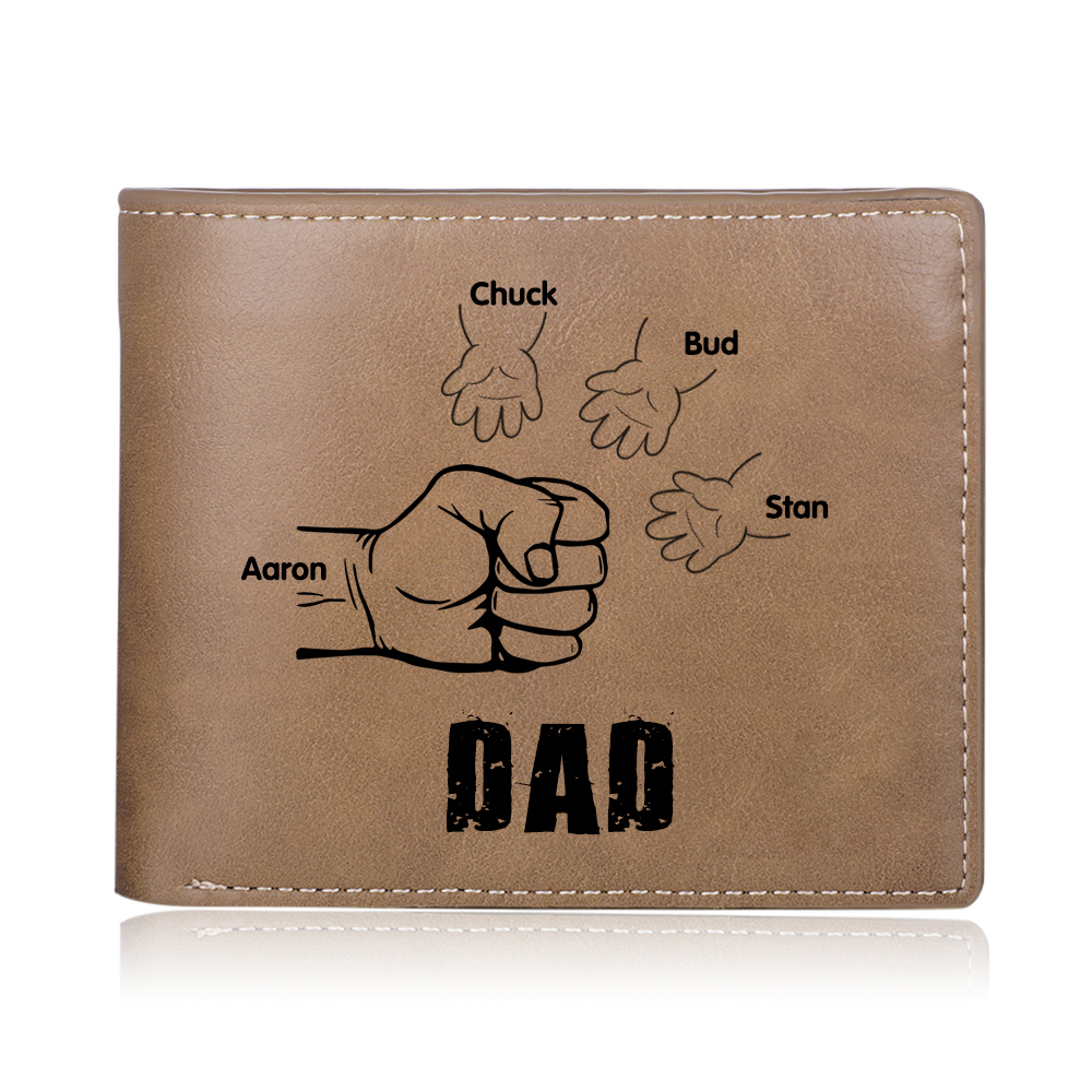 4 Names - Personalised Men Leather Wallet Engraved Names Brown Wallet Fist Bump Folding Wallet Gift For Dad-Jessemade AU