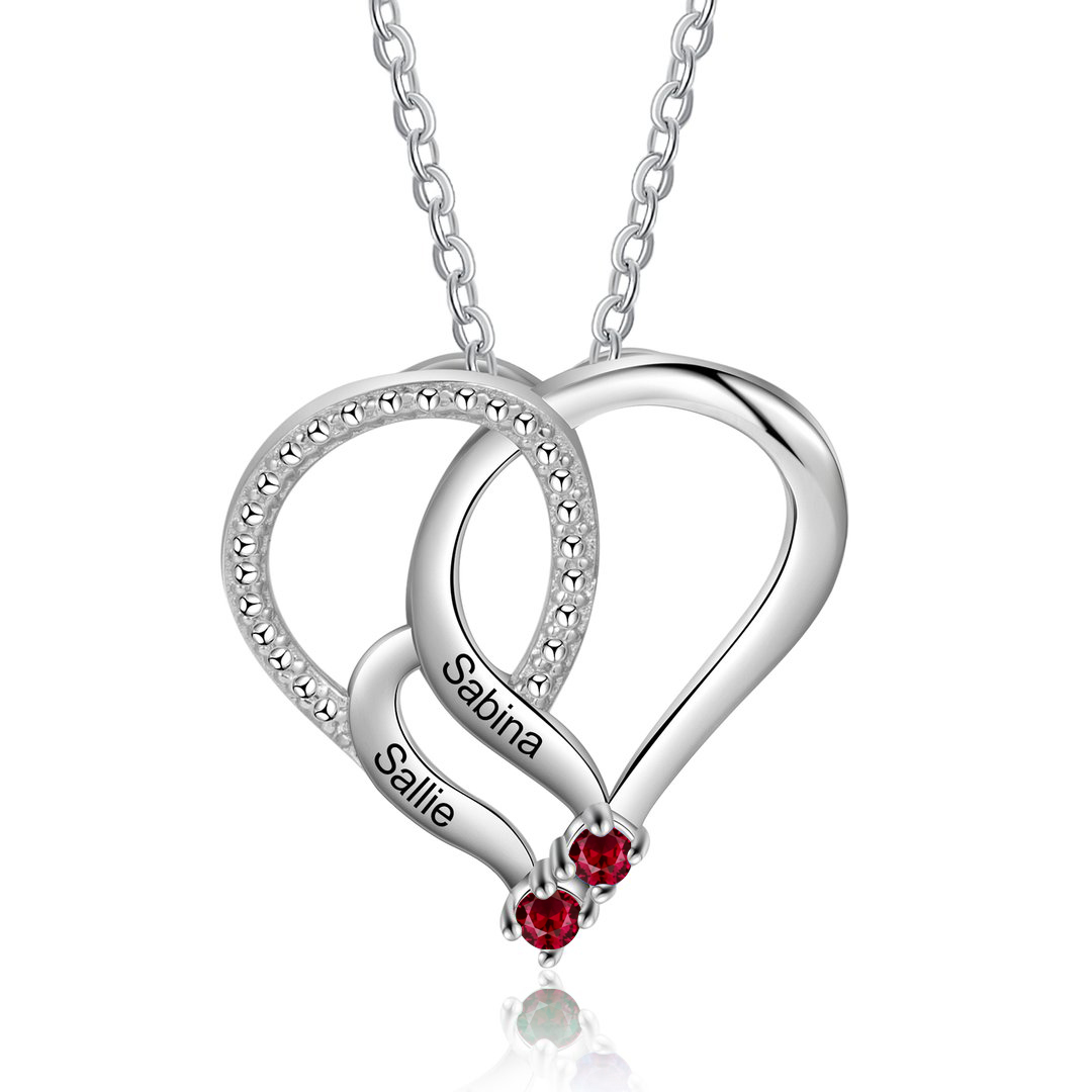 Personalised Heart Necklace With 2 Birthstones Engraved Names Gift For Her-Jessemade AU
