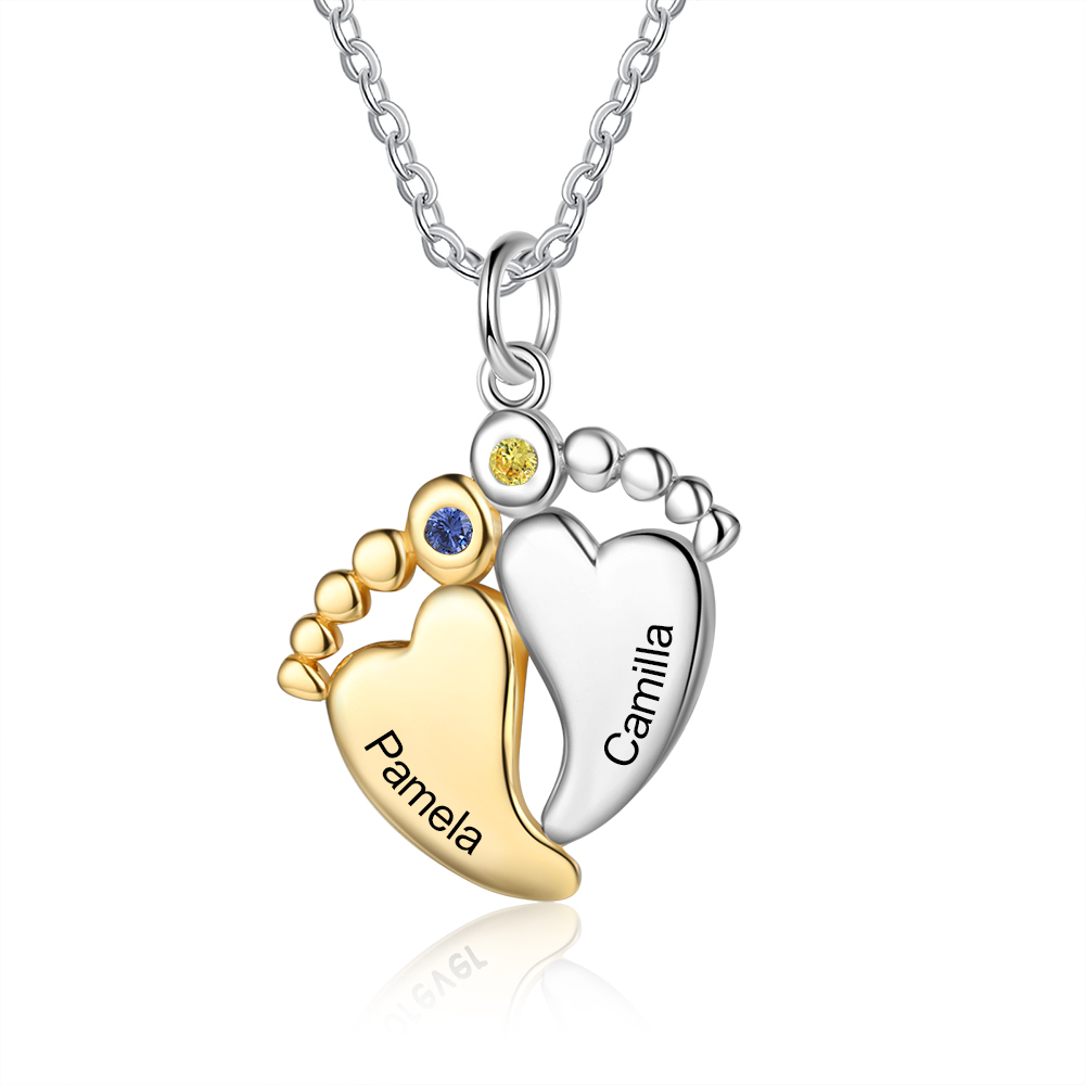 Personalised Baby Feet Necklace With 2 Birthstones Engraved Names Gift For Women-Jessemade AU