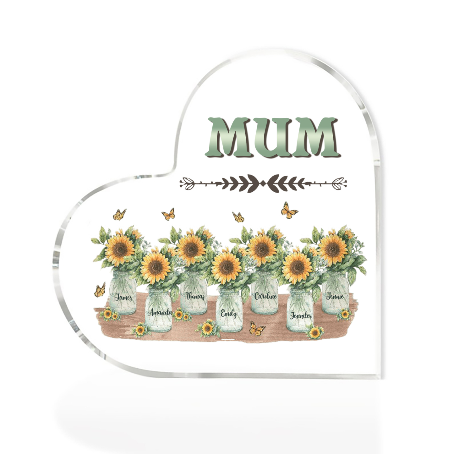 Personalised Acrylic Heart Keepsake Custom 7 Names & 1 Text Sunflower Vase Ornament Gifts for Mother/Grandma-Jessemade AU