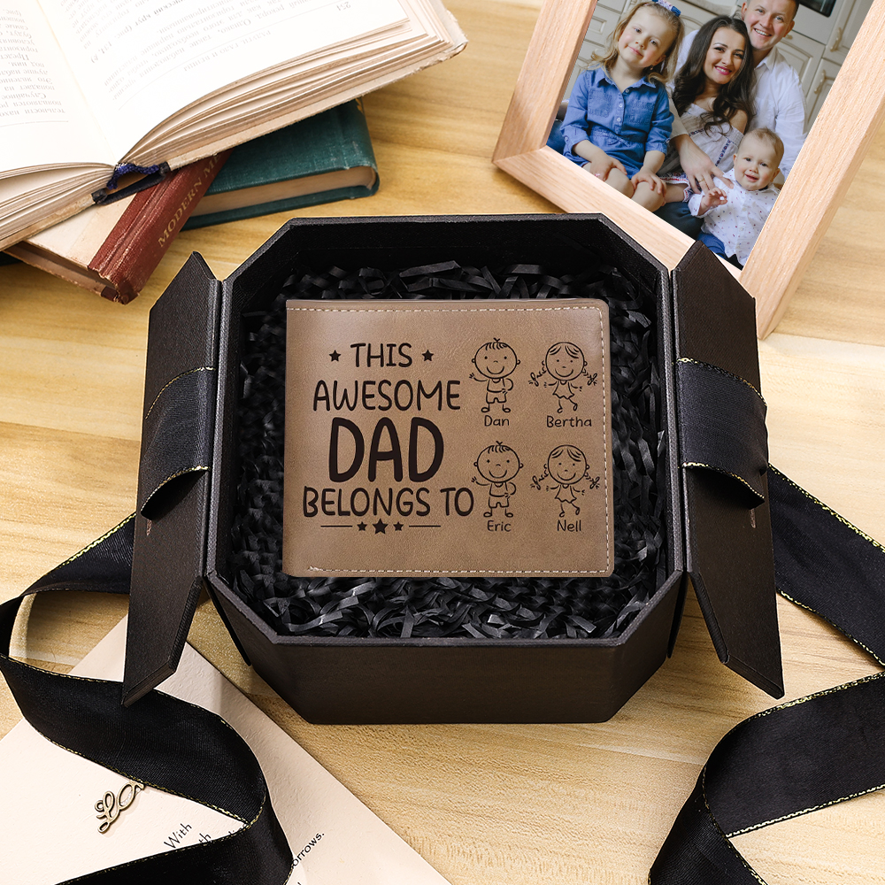 Personalised 1 Photo & 4 Names Wallet Custom Men's Leather Folding Wallet "This Awesome Dad Belongs To" Father's Day Gifts-Jessemade AU
