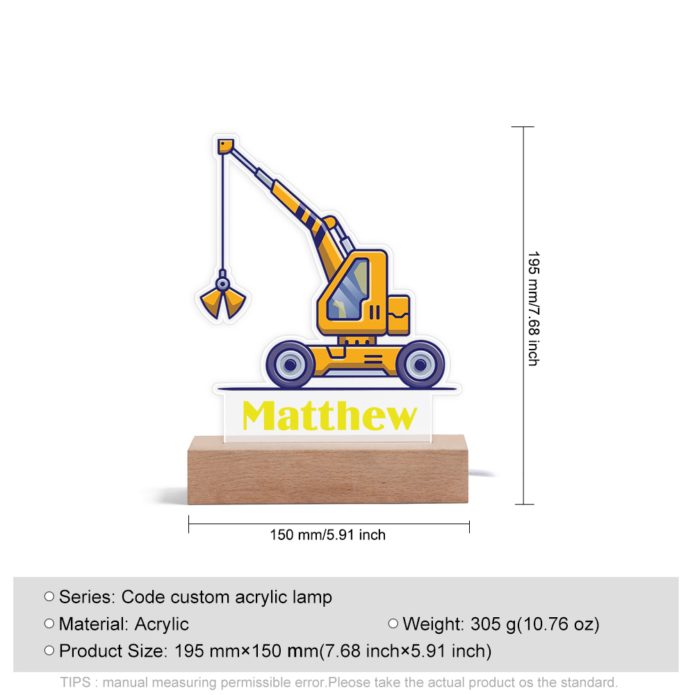 Crane Truck Personalised LED Night Light Custom Name Night Lamp Nursery Night Light Gifts For Baby Boys-Jessemade AU