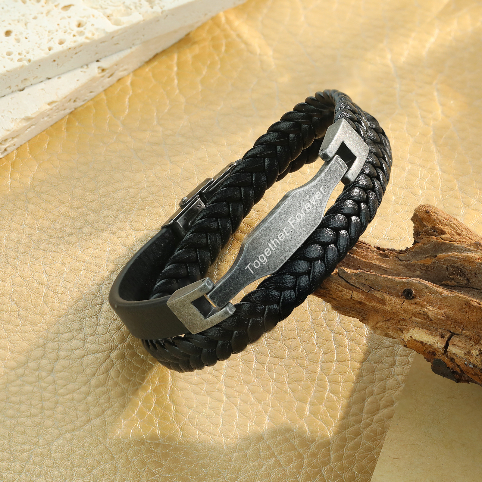 Vintage Men's Leather Bracelet Custom Text Stainless Steel Bracelet Personalised Gift for Him-Jessemade AU