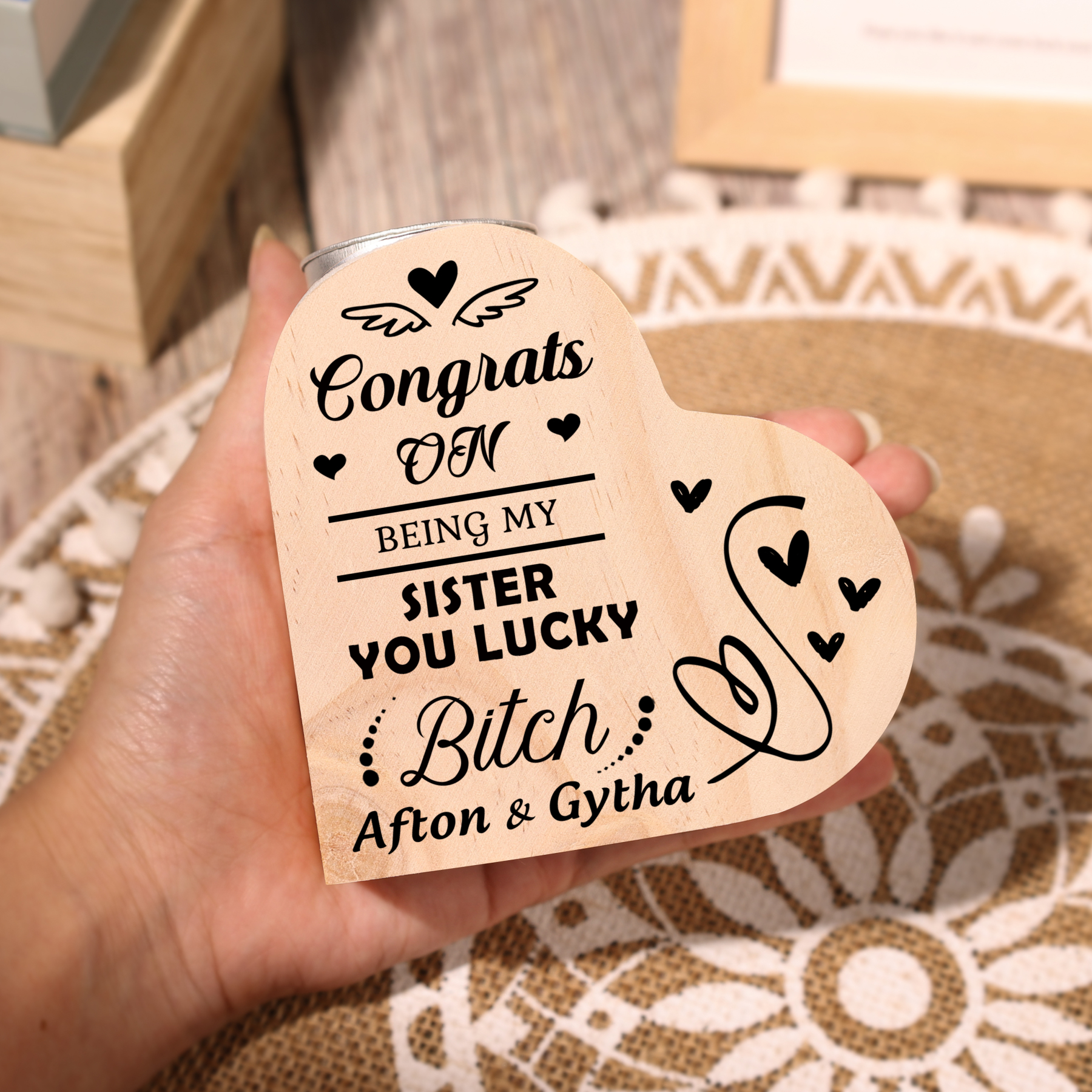 Personalised Heart Candle Holder Customised 2 Names Wooden Candlestick "Congrats On Being My Sister" Funny Gift for Friend-Jessemade AU