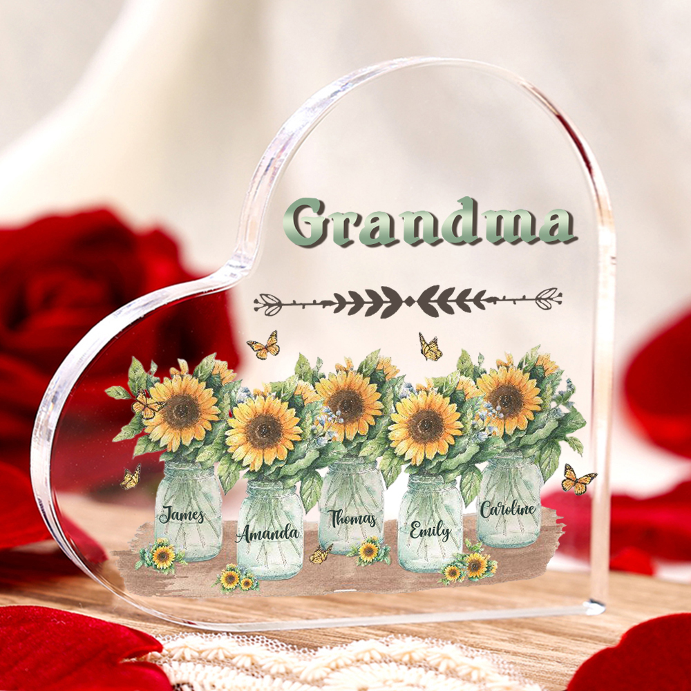 Personalised Acrylic Heart Keepsake Custom 5 Names & 1 Text Sunflower Vase Ornament Gifts for Mother/Grandma-Jessemade AU